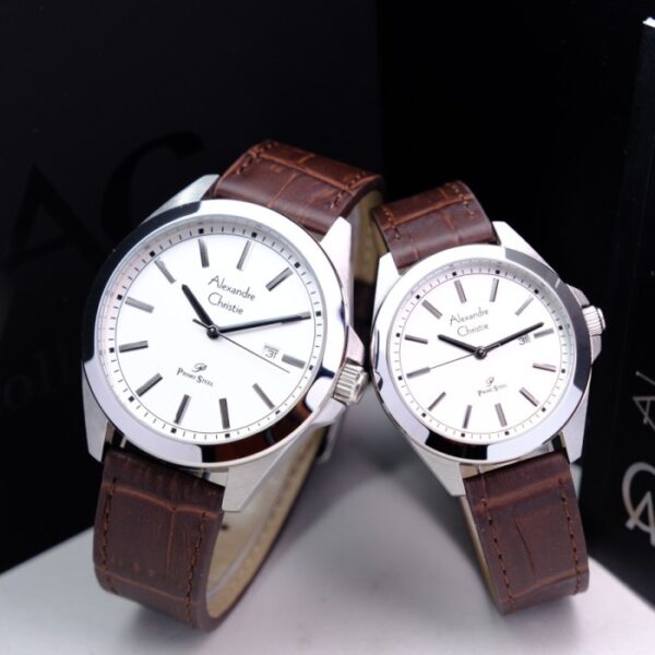 Jam Tangan Couple Alexandre Christie AC 1015 Tanggal Aktif Strap Kulit Original Brown Silver Alexandre Christie