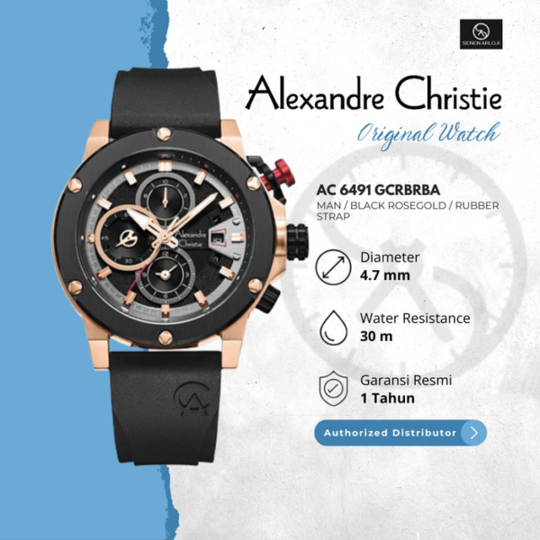 Jam Tangan Pria Alexandre Christie AC 6491 Original Chronograph Strap Rubber Black Rosegold Alexandre Christie