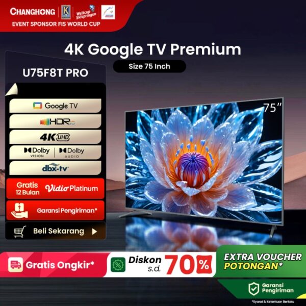 Google TVChanghong 75 Inch Smart TV 4K UHD HDR10+ TV U75F8T PRO